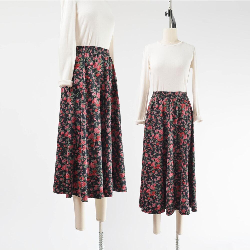 Vintage 90s Laura Ashley Floral Jersey Knit Elastic Waist Midi Skirt S M